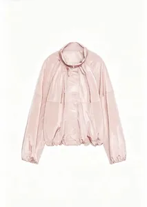 Detailed view of a fashionable pink pleated nylon jacket with a stand collar