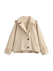 Women's stylish beige hooded cape trench coat with button closure and wide lapels