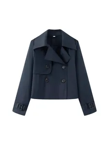 Elegant navy blue double-breasted short trench coat jacket for women's autumn fashion