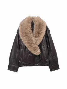 Fashionable dark brown faux leather jacket featuring a detachable plush tan faux fur collar