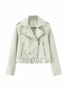 Stylish women's white PU leather biker jacket featuring lapel collar and waist belt