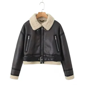 Veste motard vintage en simili cuir marron pour femme avec doublure polaire crème chaude