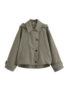 Stylish olive green hooded cape-style trench coat jacket for women