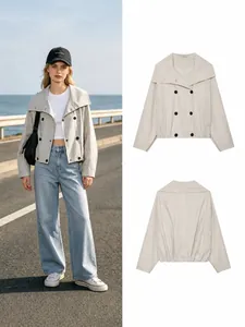 Damen Mode Kariert Überlappender Kragen Raglanärmel Jacke Zweireihig Lässig Kurz Boxy Fit Polyester Top Mantel