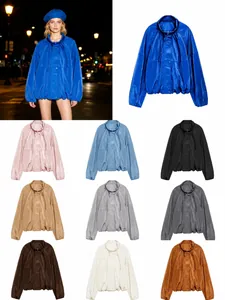 Women Fashion Stand Up Collar Pleated Long Sleeve Jacket Casual Loose Polyester Outerwear Macaron Color Zip Up Top