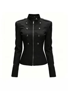 Women's black retro Napoleon jacket with silver double-breasted buttons