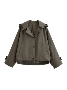 Elegant dark olive green hooded cape-style windbreaker jacket for women, stylish short coat