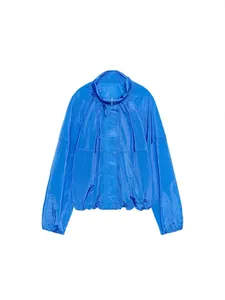Vibrant blue crinkled nylon jacket with a stand-up collar for women's outdoor fashion