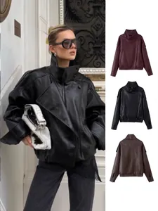 Women's Oversized Faux Leather Moto Jacket Double Stand Collar PU Biker Coat Autumn Winter Casual Streetwear Top