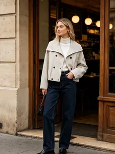 Schicke Damen-Karojacke mit modischem überlappendem Kragen und Raglanärmeln im Design