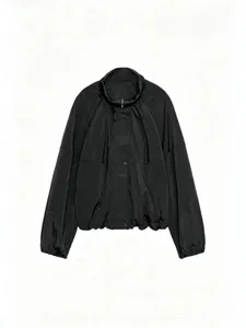 Stylish women's pleated nylon stand collar long sleeve jacket in minimalist black