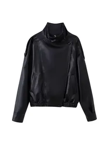 Premium black faux leather biker jacket for women featuring a unique double collar design