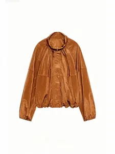 Women's copper pleated nylon jacket with ruffled stand collar and long sleeves