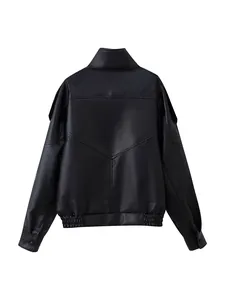 Back view of women's black faux leather motorcycle jacket with double collar