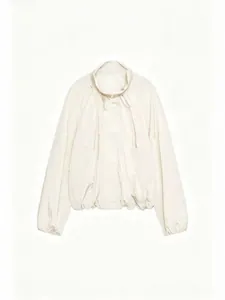 Stylish stand collar long sleeve pleated nylon jacket for women in cream color