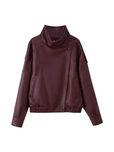 Women's burgundy faux leather motorcycle jacket with double-layer collar and loose fit