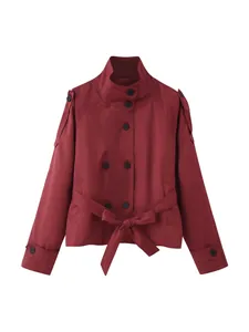 Elegant wine red short trench coat with double-breasted buttons and belt for women
