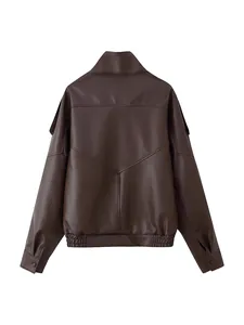 Stylish oversized chocolate brown faux leather biker jacket with double collar back view
