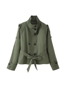 Stylish olive green short double-breasted trench coat for women with adjustable waist belt