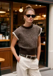 Vintage herringbone brown knitted vest for women shown in a street cafe setting