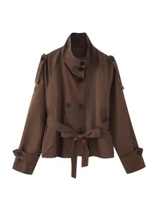 Classic brown short trench coat with double-breasted buttons and adjustable waist tie