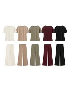 Dames Zomer Casual Ronde Hals Effen Kleur Rug Open Korte Mouw Top En Rechte Broek Set Mode Patchwork Tweeledige Outfit