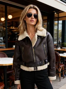Veste de Moto en Fausse Peau de Mouton pour Femme Cuir PU Doublé de Laine d'Agneau Blouson Biker Court Avec Ceinture Top