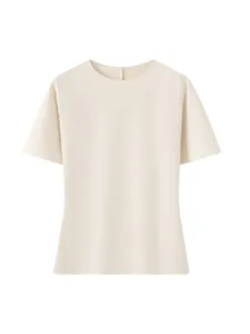 Minimalistische beige dames top met korte mouwen en ronde hals