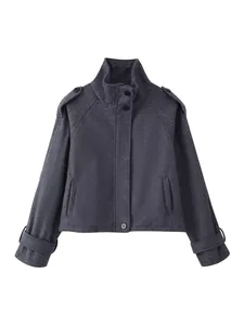Élégant manteau court en laine gris foncé pour femme avec col montant et épaulettes