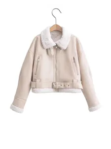 Veste de motard chic en peau de mouton retournée pour femme blanc crème avec ceinture