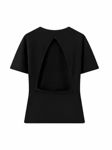 Modieuze zwarte top met korte mouwen en een minimalistische driehoekige ruguitsparing