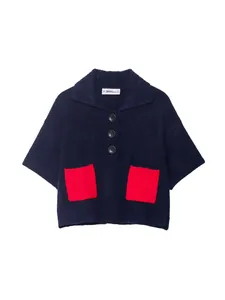 Retro navy blue short sleeve knit sweater with vibrant contrast red front pockets