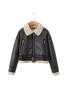 Veste d'aviateur élégante en similicuir noir pour femme avec doublure en peau lainée