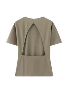 Minimalistische olijfgroene top met korte mouwen en stijlvolle driehoekige rugopening