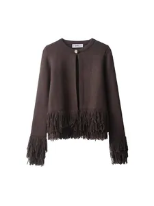 Elegant dark brown knitted cardigan for women featuring stylish fringe hem and cuffs