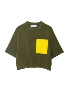 Vintage oversized olive green short sleeve knit sweater featuring a bold yellow contrast pocket