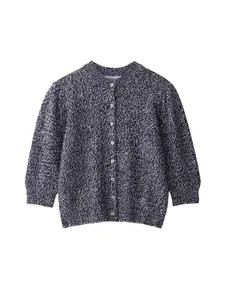 Retro salt-and-pepper knit button-down cardigan for women with elegant round neck