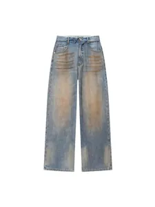 Vintage washed wide-leg denim jeans with distressed finish and whiskering for women