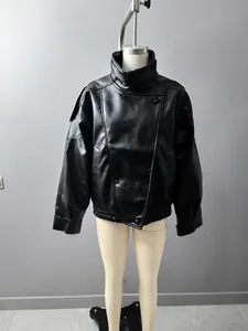 Trendy American style oversized black faux leather motorcycle jacket for women's autumn wear