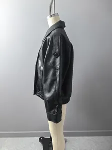Fashionable loose fit black faux leather biker jacket for women shown from side view