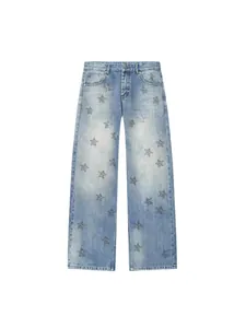Stylish mid-waist wide-leg denim jeans featuring sparkling star rhinestone patterns