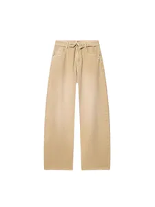 Women's stylish high-waisted wide-leg khaki jeans with distressed rhinestone details