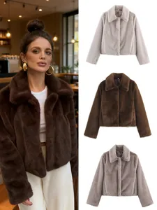 Women's Faux Fur Short Jacket Elegant Lapel Long Sleeve Artificial Fur Coat Warm Winter Urban Commuter Outerwear Top