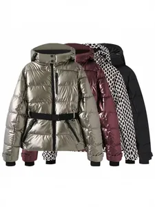 Women Ski Jacket Hooded Slim Fit Padded Coat With Belt Geometric Printed Windproof Winter Outerwear Top Or Bottom