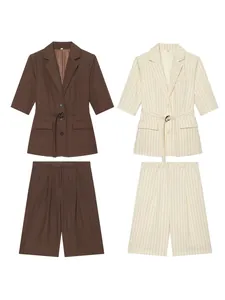 Women Notched Lapel Half Sleeve Blazer With Belt And Shorts Top And Bottom Casual Striped Solid Color Office Lady Outfit