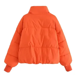 Back view of a vibrant orange oversized bread-style puffer jacket with ribbed cuffs