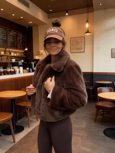 Stylish brown faux fur cropped jacket with lapel collar for autumn and winter fashion