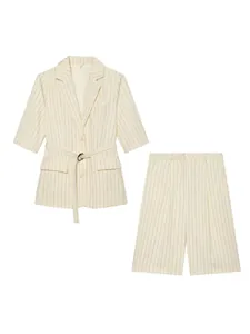 Women's two-piece pinstripe suit set with belted blazer and matching shorts