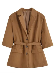 Fashionable women's camel half-sleeve blazer featuring a chic matching adjustable waist belt