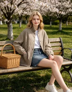 Veste à carreaux vintage avec col montant et cordon de serrage dans un beau parc